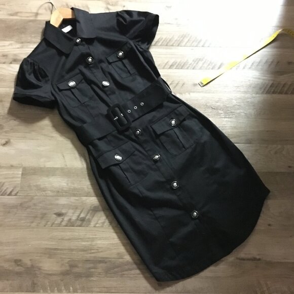 Y2K Black Military Goth Cotton Button Down Dress - Picture 11 of 16